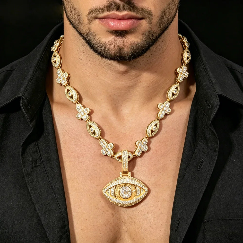 Iced Evil Eye Cross Pendant Hip Hop Chain Necklace