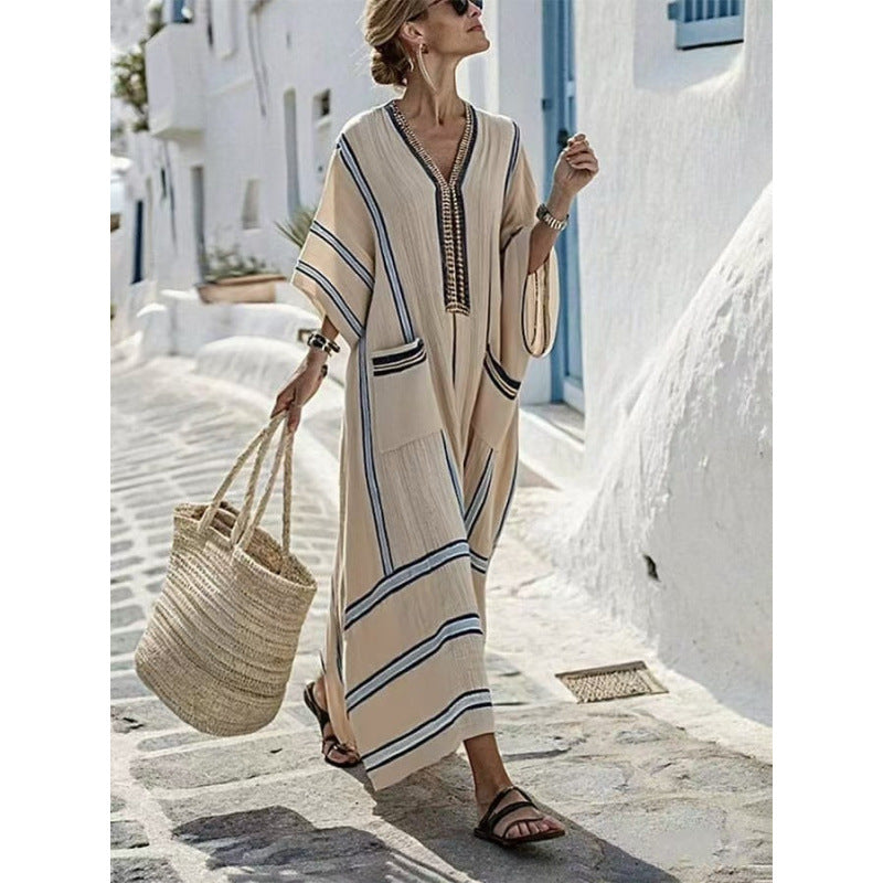 Women Boho Striped Embroidery V Neck Loose Kaftan Maxi Beach Dress