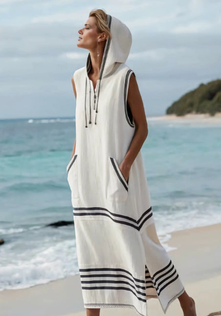 Women Boho Striped Hooded Sleeveless Slit Pocket Kaftan Maxi Beach Dress
