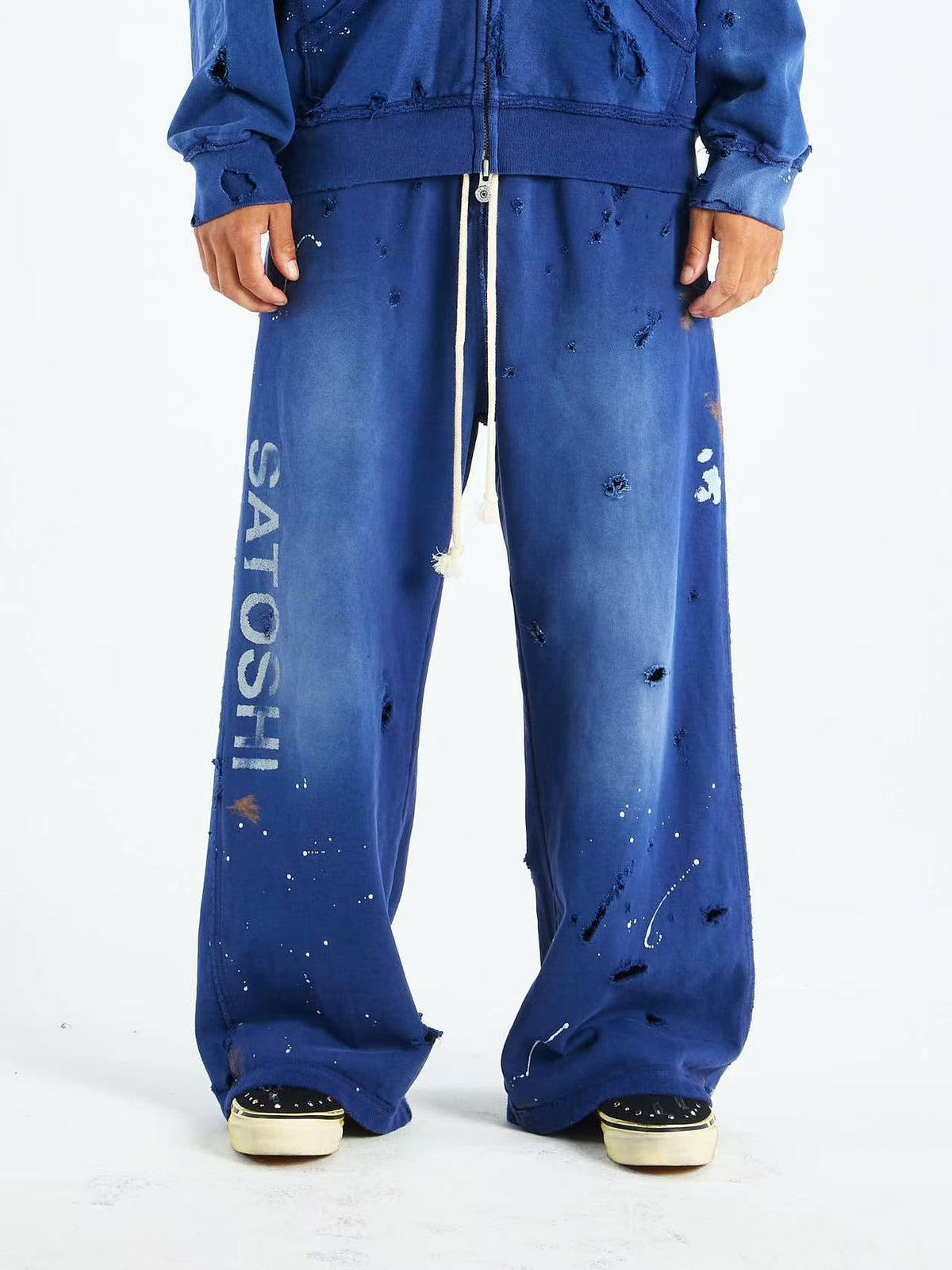 Satoshi Nakamoto Washed Distressed Splash Paint Wide Leg Sweatpants