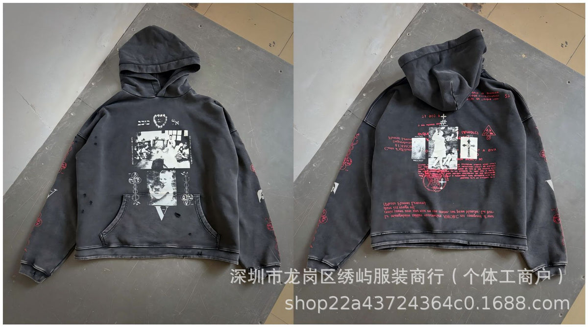 ERD Distressed Photo Letter Print Hoodie Vintage Cotton Pullover