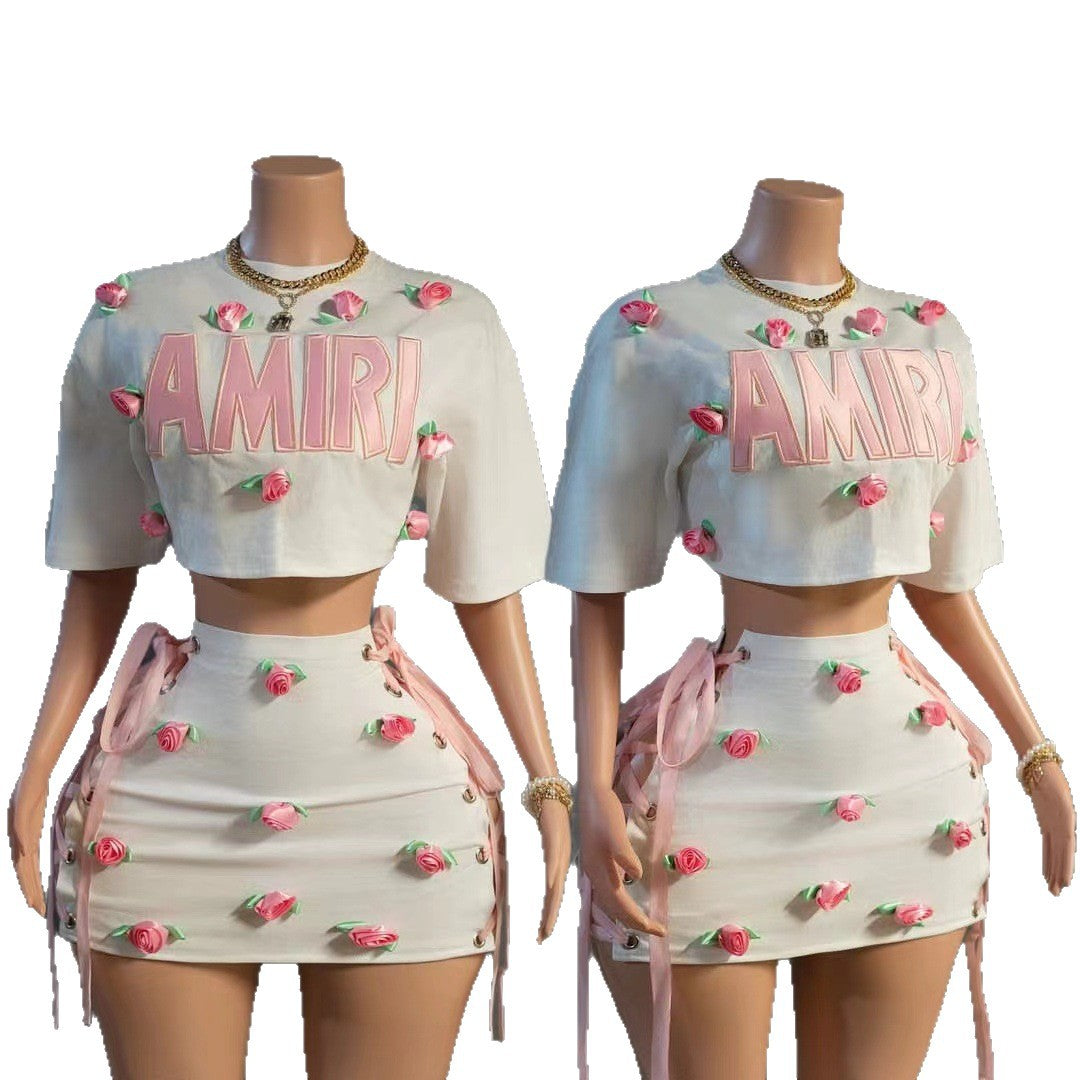 Amiri Letter Floral Embroidered Crop Top Mini Skirt 2 Piece Set Women