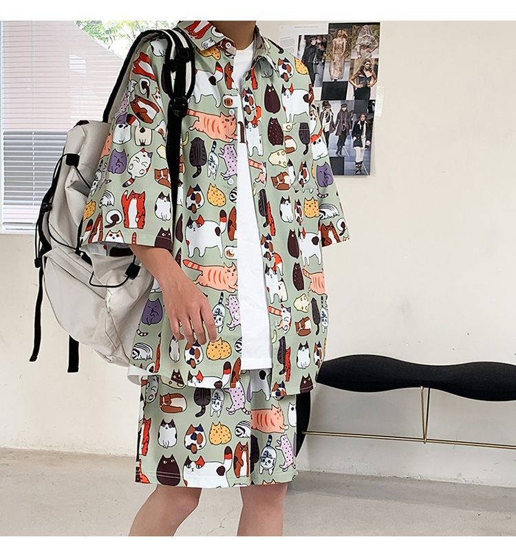 Couple Quick Dry Floral Loose Tropical Beach Shirt Shorts Set