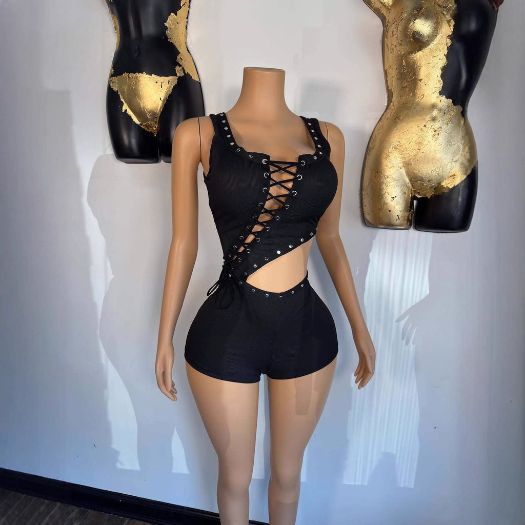 Eyelet Lace Up Cutout Sleeveless Romper Shorts