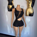 Eyelet Lace Up Cutout Sleeveless Romper Shorts
