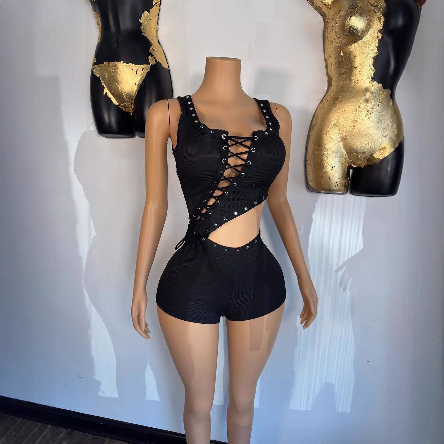 Eyelet Lace Up Cutout Sleeveless Romper Shorts