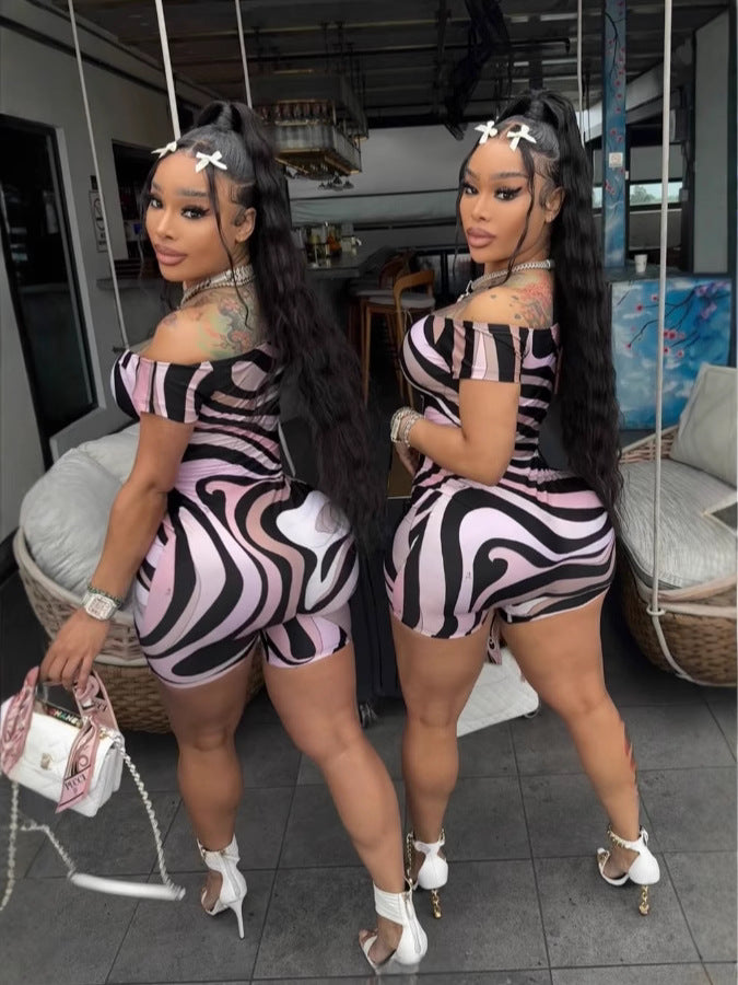 Off Shoulder Abstract Print Bodycon Romper Shorts Women Sexy Club Jumpsuit
