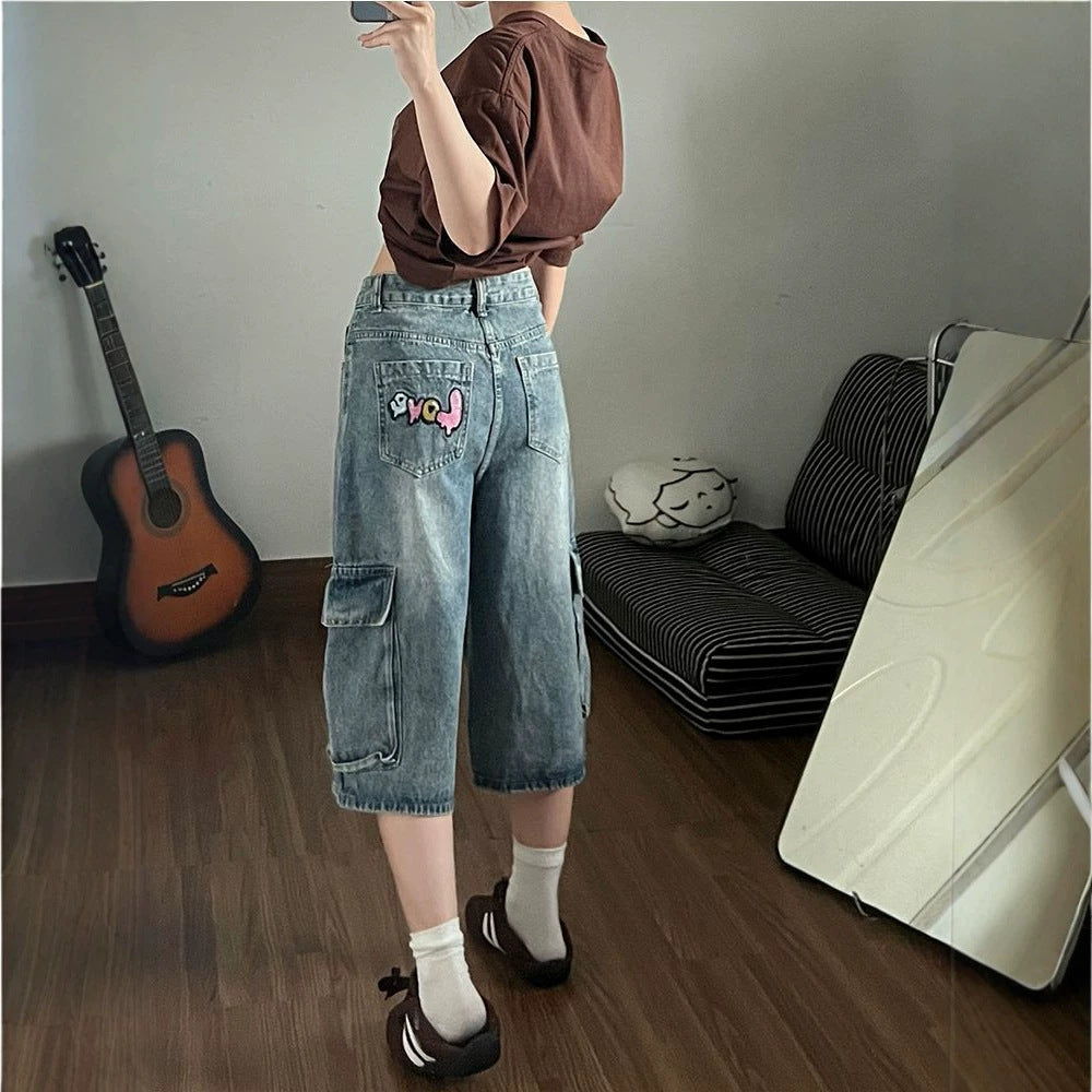Kitty Patchwork Cargo Capri Denim Shorts Multi Pocket Baggy Wide Leg