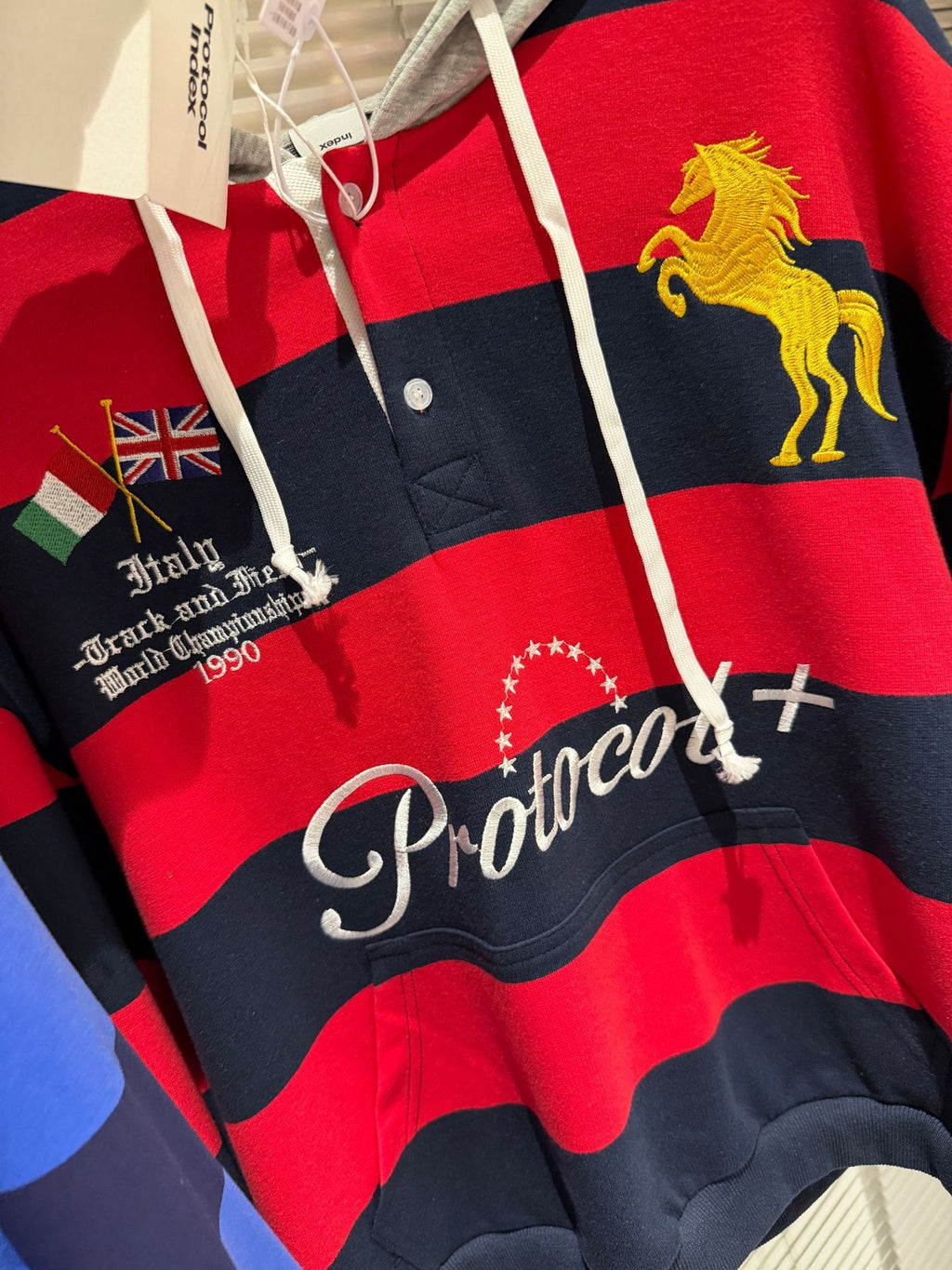 Protocol Index Striped Horse Embroidery Hoodie Rugby Sweatshirt Unisex