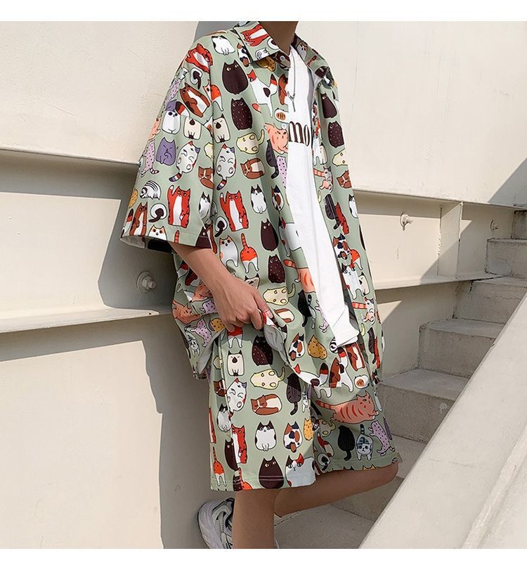Couple Quick Dry Floral Loose Tropical Beach Shirt Shorts Set