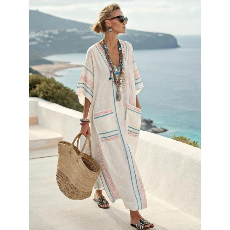 Women Boho Striped Embroidery V Neck Loose Kaftan Maxi Beach Dress