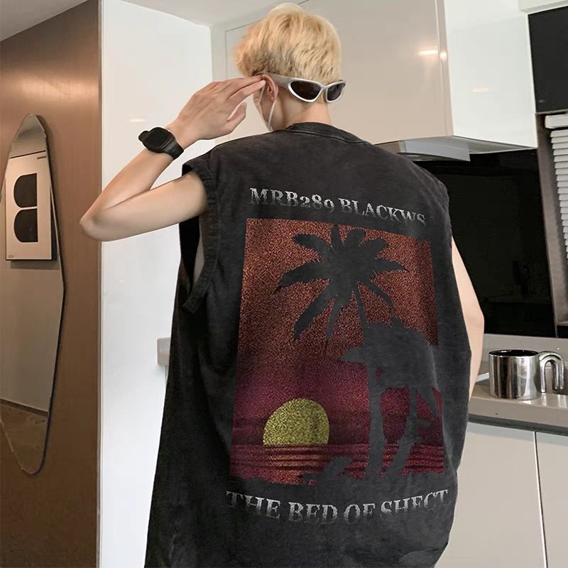 Vintage Washed Graphic Tank Cotton Loose Streetwear Sleeveless Vest