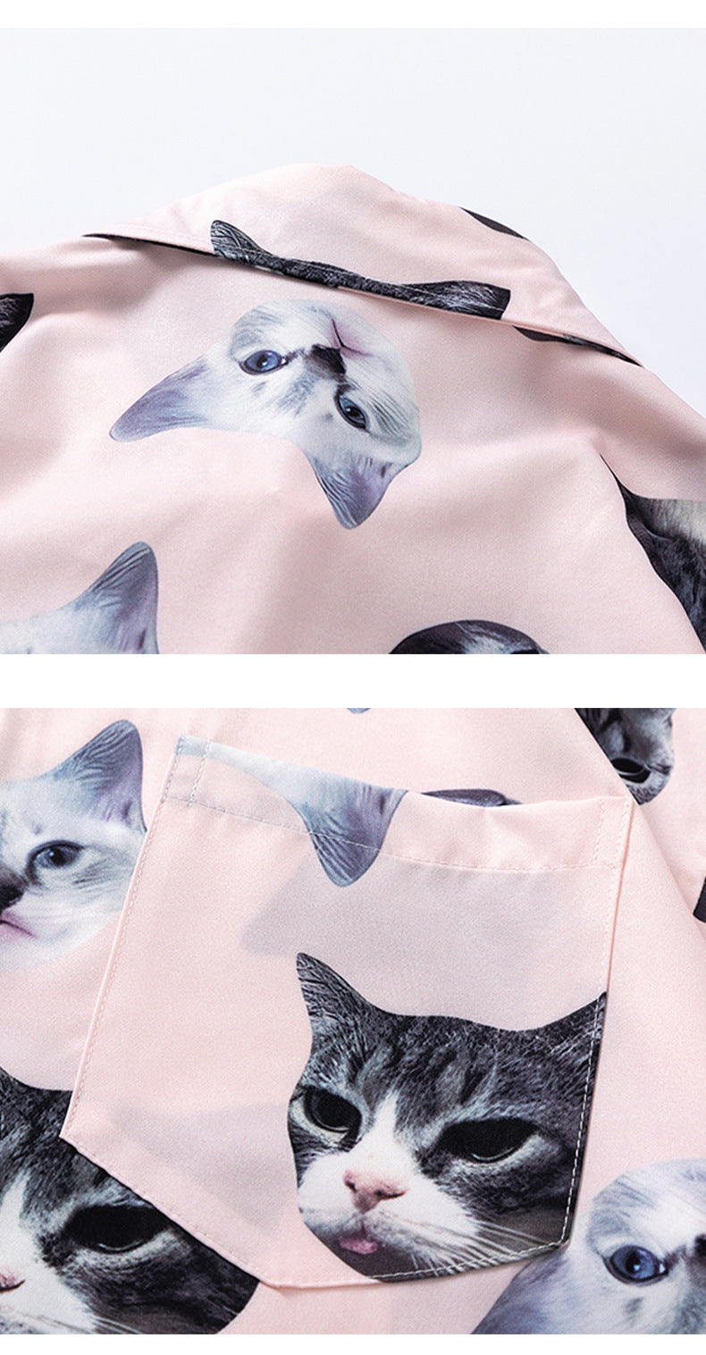 Collared Cat Print Open Front Tropical Short Sleeve Beach Shirt
