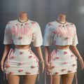 Amiri Letter Floral Embroidered Crop Top Mini Skirt 2 Piece Set Women