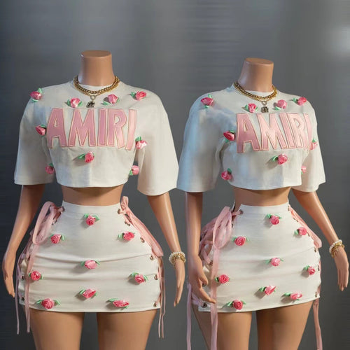 Amiri Letter Floral Embroidered Crop Top Mini Skirt 2 Piece Set Women