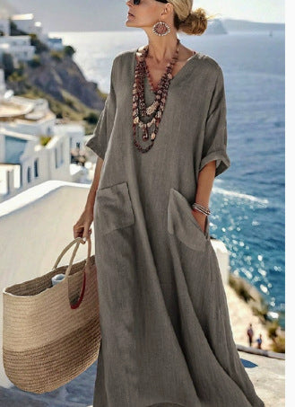 Women Boho Border Print V Neck Loose Kaftan Maxi Beach Dress