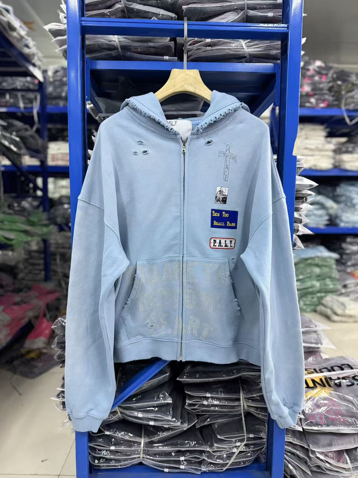 Paly Hollywood Distressed Patch Graphic Zip Hoodie Vintage Jacket