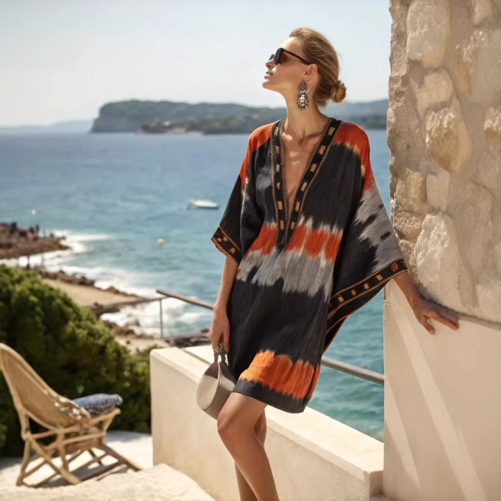 Women Boho Vertical Striped V Neck Loose Short Kaftan Beach Dress