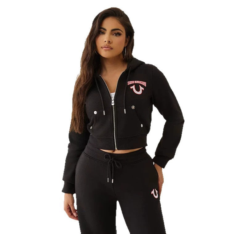Y2K True Religion Horseshoe Logo Zip Crop Hoodie Straight Jogger 2 Piece Set