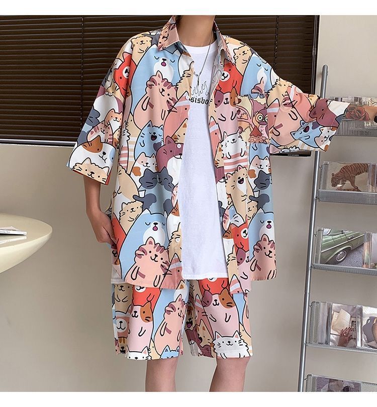 Couple Quick Dry Floral Loose Tropical Beach Shirt Shorts Set