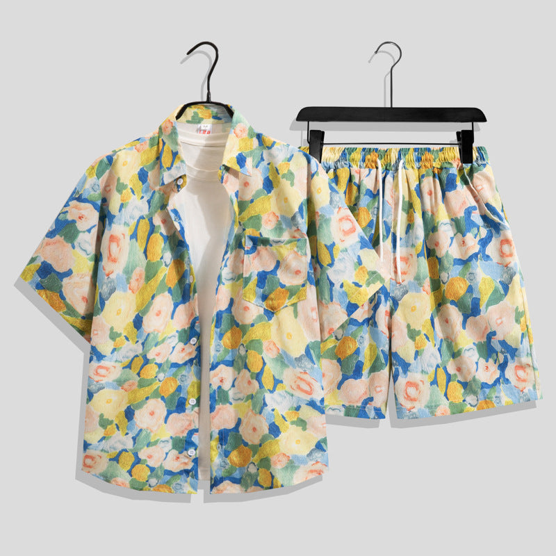 Ice Silk Quick Dry Couple Floral Loose Beach Shirt Shorts Set T3601-T3630