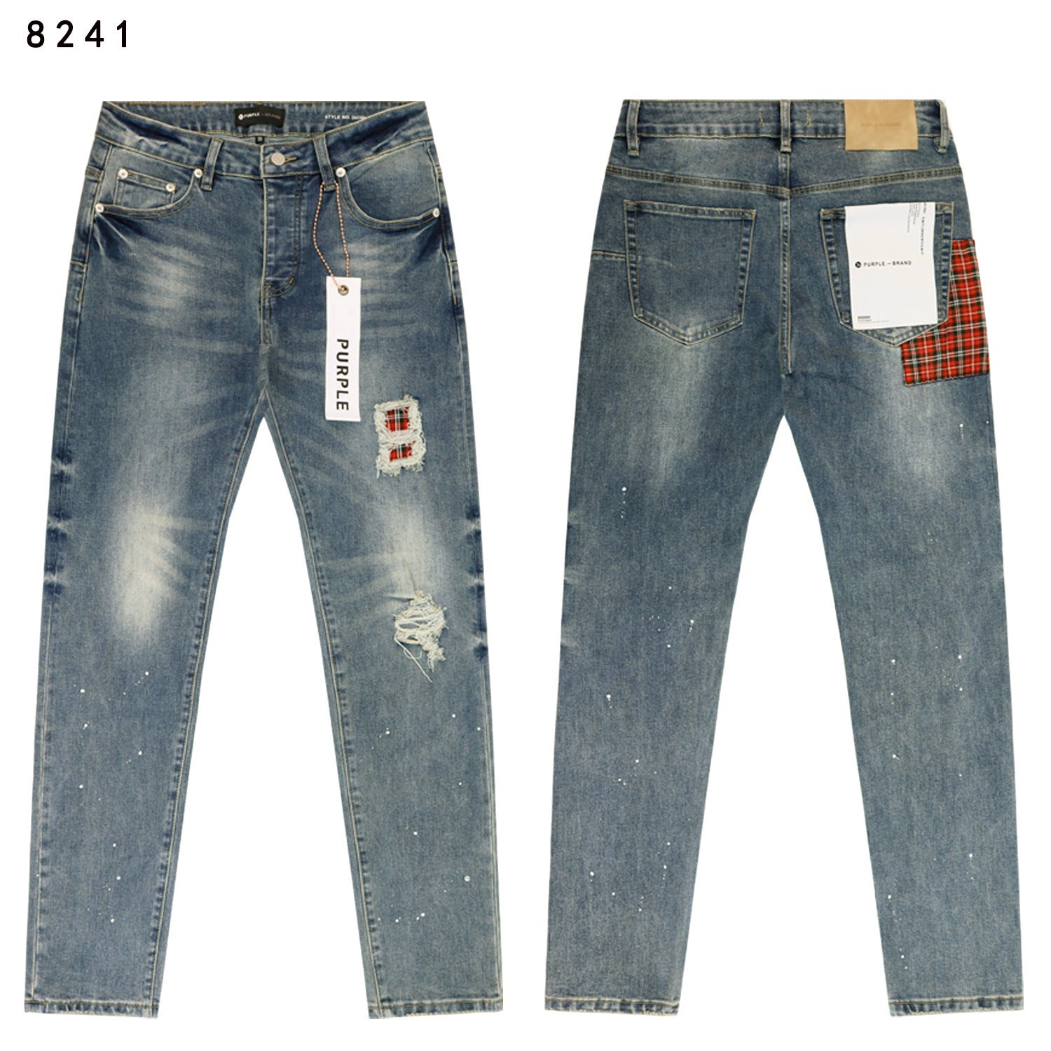 Purple Brand Plaid Patch Ripped Skinny Denim Jeans Unisex