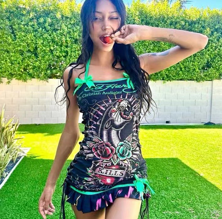 Vintage Skull Print Lace Up Cami Mini Dress Halloween