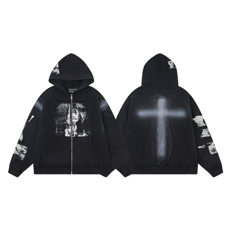ERD Distressed Washed Vintage Full Zip Hoodie Jacket Unisex