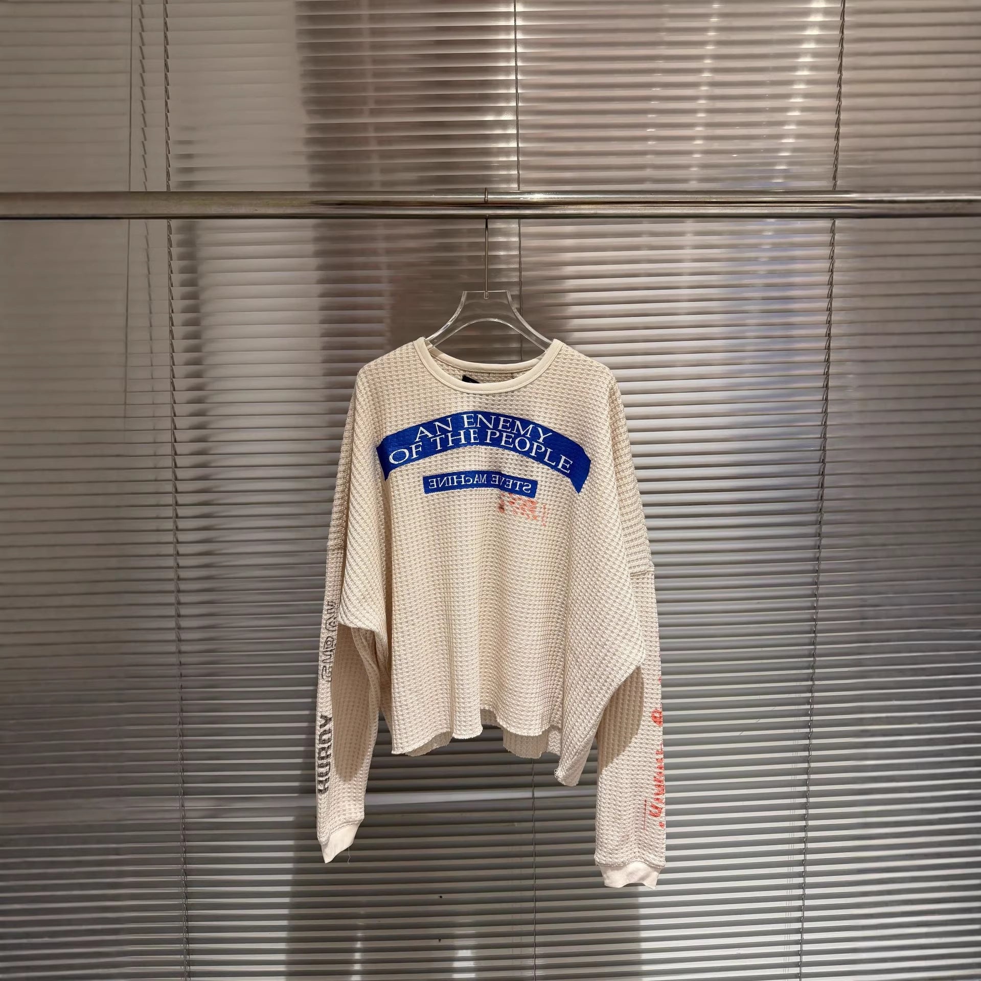 Waffle Knit Figure Letter Graphic Crew Neck Long Sleeve T Shirt