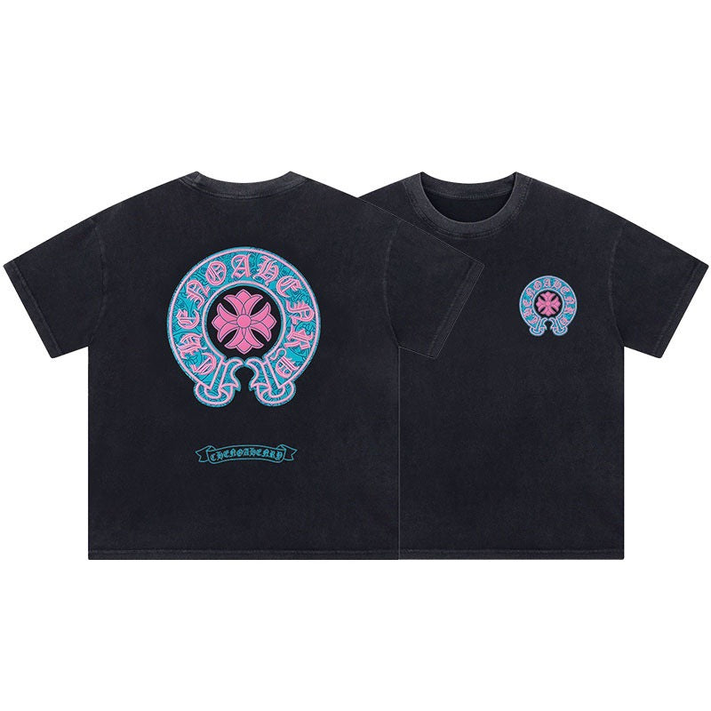 Chrome Hearts Color Sanskrit Cross Print Short Tee Unisex Y2K