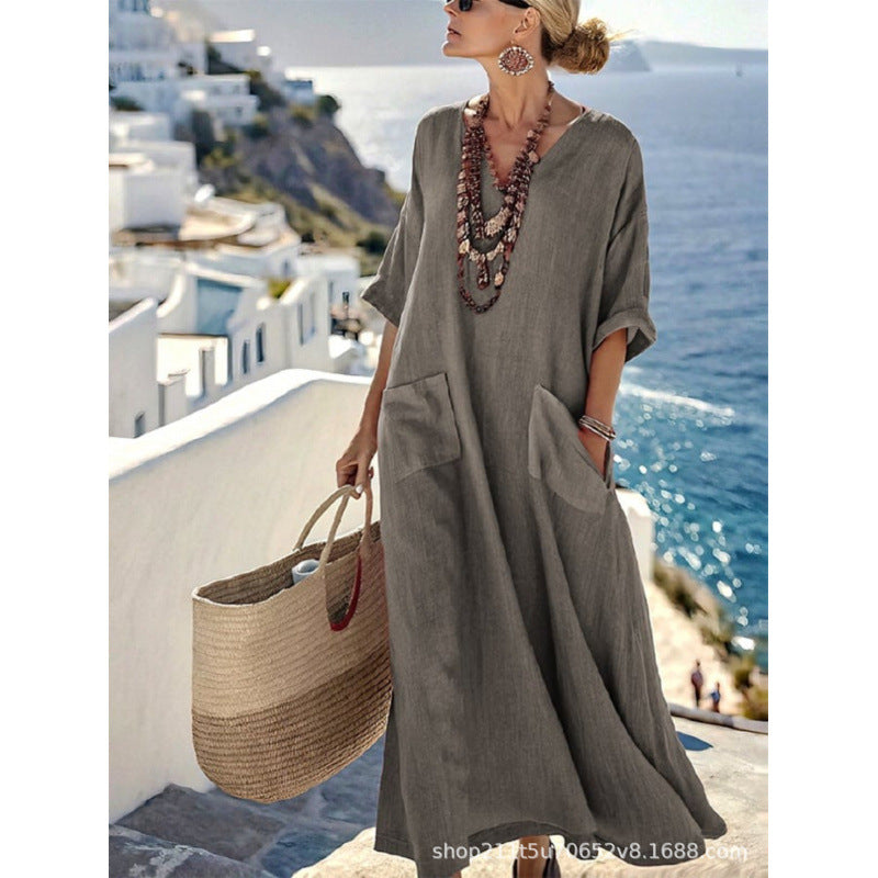 Women Boho Border Print V Neck Loose Kaftan Maxi Beach Dress