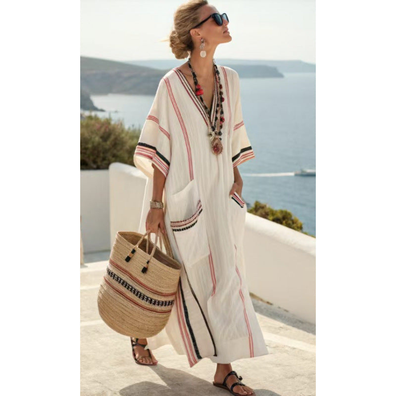 Women Boho Striped Embroidery V Neck Loose Kaftan Maxi Beach Dress