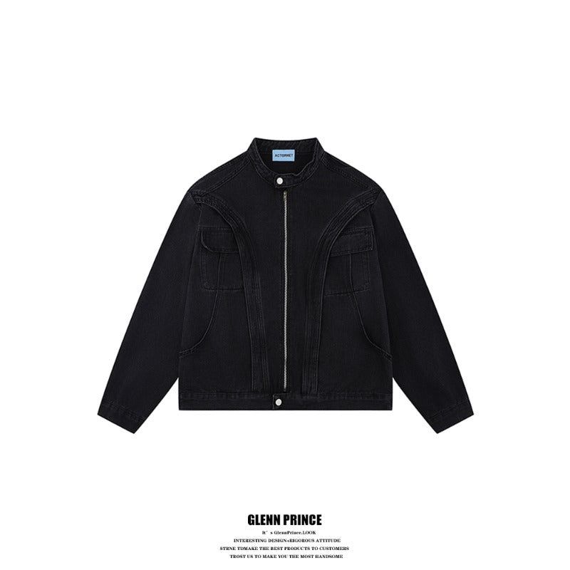 Y2K Vintage Washed Spliced Denim Zip‑Up Jacket Streetwear Unisex