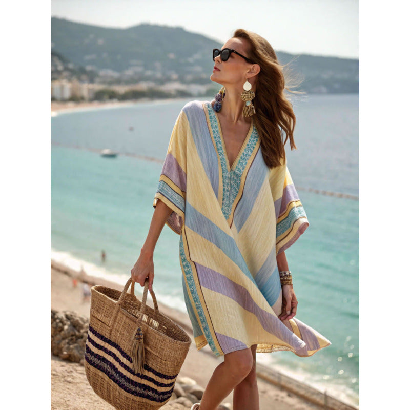 Women Boho Striped V Neck Loose Kaftan Midi Beach Dress