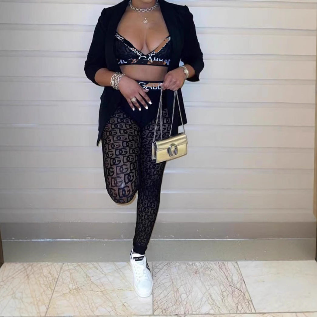 Mesh Letter Print Spaghetti Strap Crop Top Skinny Pants 2 Piece Set Women