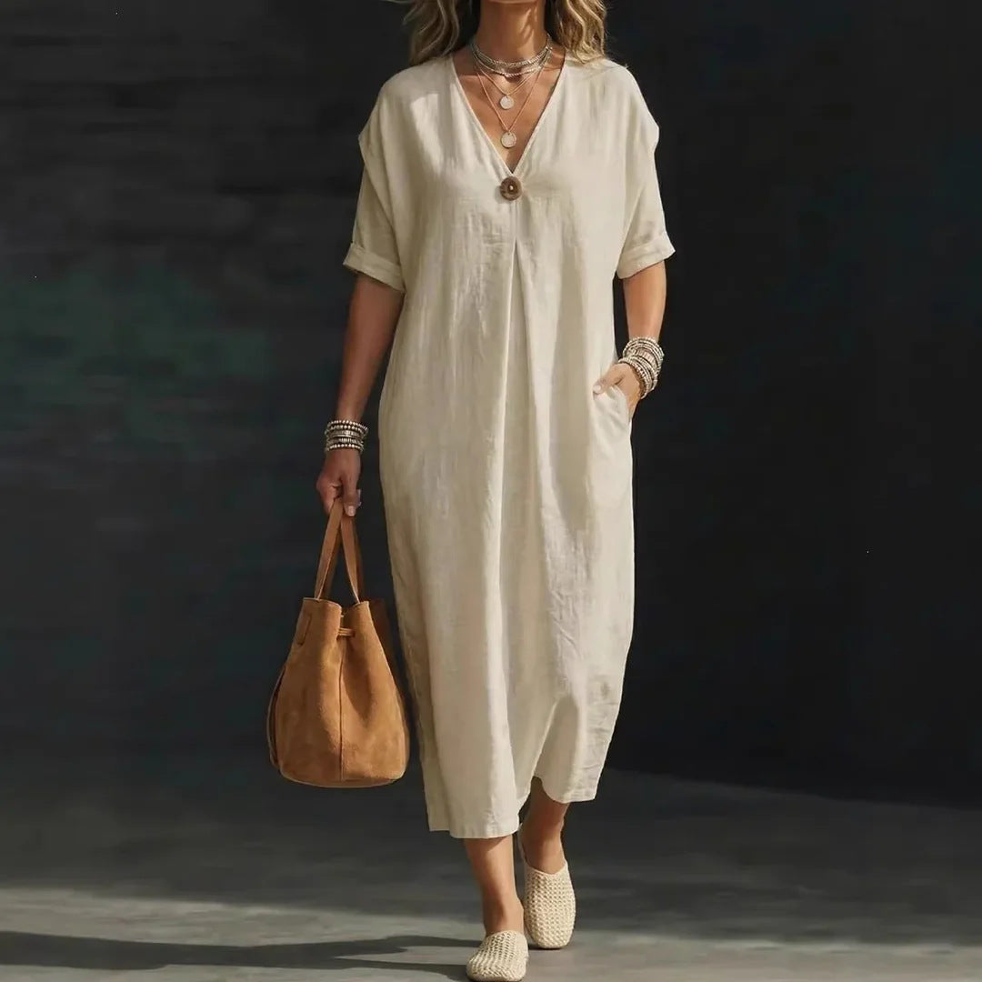 Women Boho Floral Border Print V Neck Loose Kaftan Maxi Beach Dress
