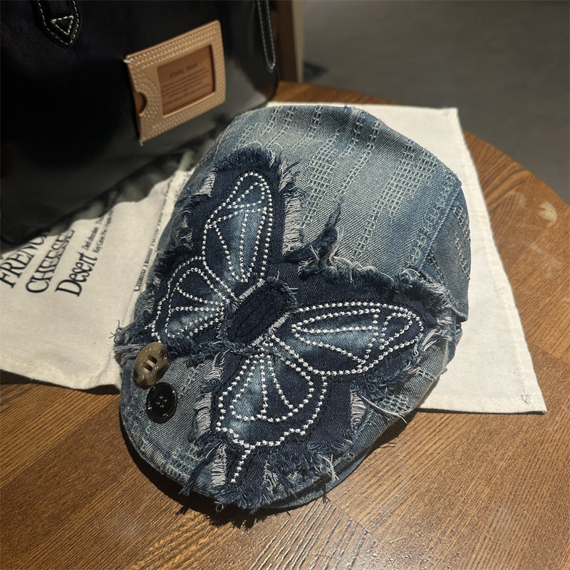 Y2K Rhinestone Butterfly Distressed Denim Newsboy Cap Streetwear Beret