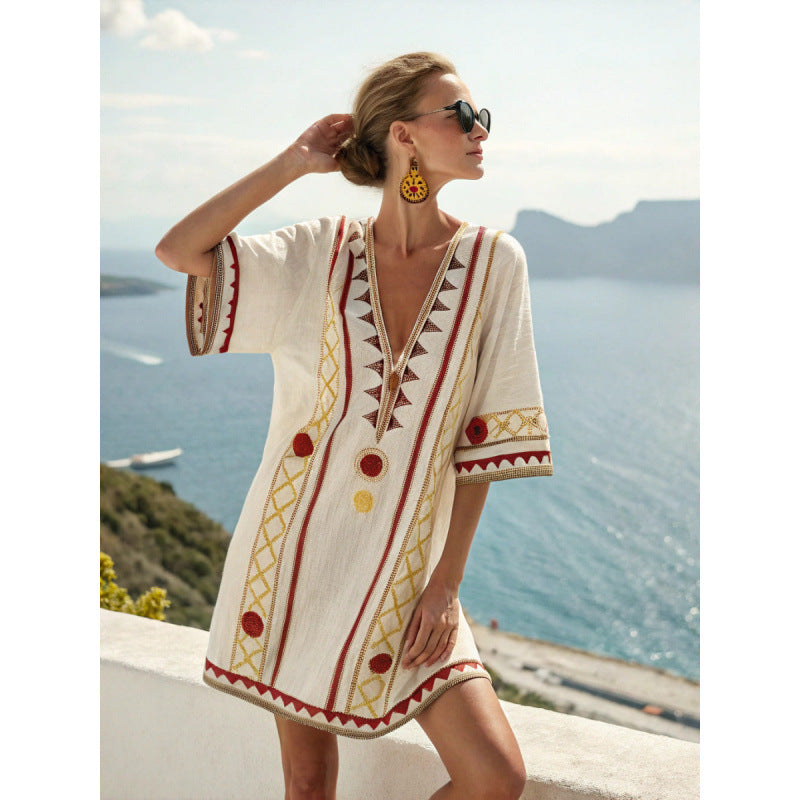 Women Boho Striped V Neck Loose Kaftan Midi Beach Dress