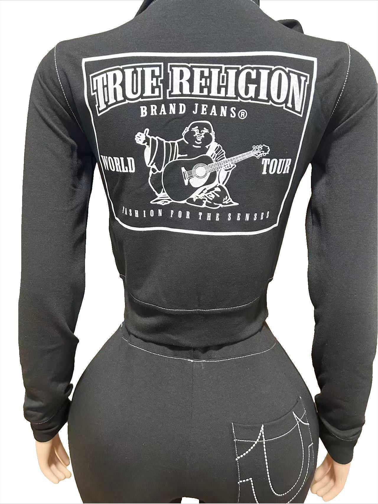 True Religion Vintage Stitch Zip Crop Hoodie Flare Pant Tracksuit Set