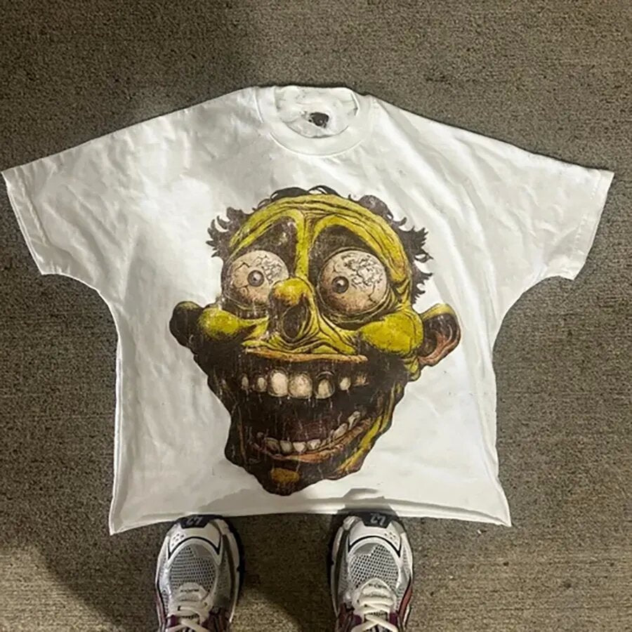 T-Shirt mit Oversized-Vintage-Schnitt und Y2K-Horror-Cartoon-Porträt im Delinquent-Stil aus Baumwolle