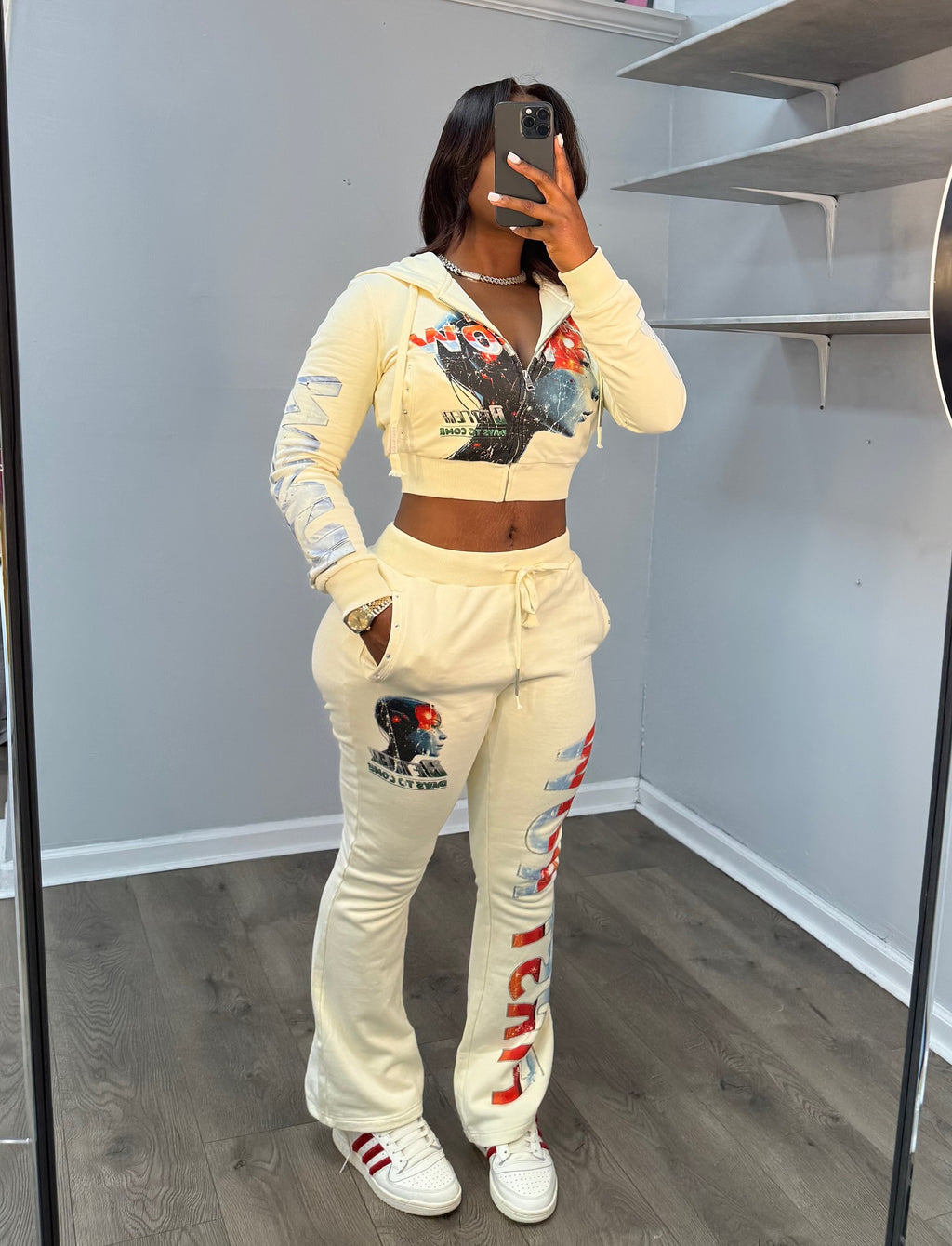 First Row Post Human New Born Zip Crop Hoodie Flare Jogger 2 Piece Set Women