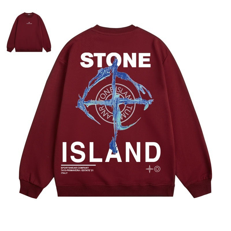 Stone Island Compass Print Crewneck Sweatshirt Men Winter Fleece Top