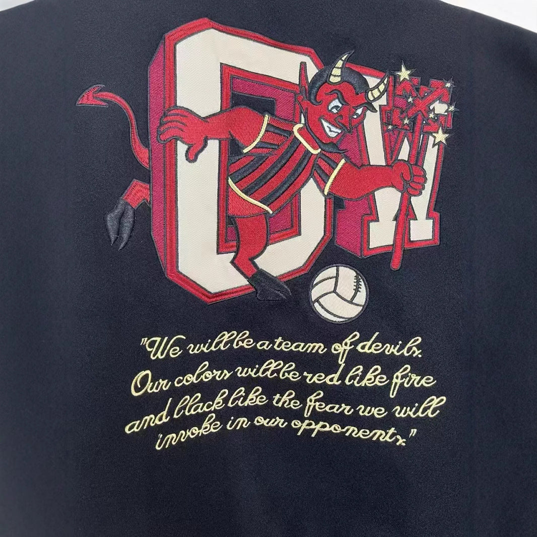Off White Cartoon Devil Graphic Varsity Jacket Unisex
