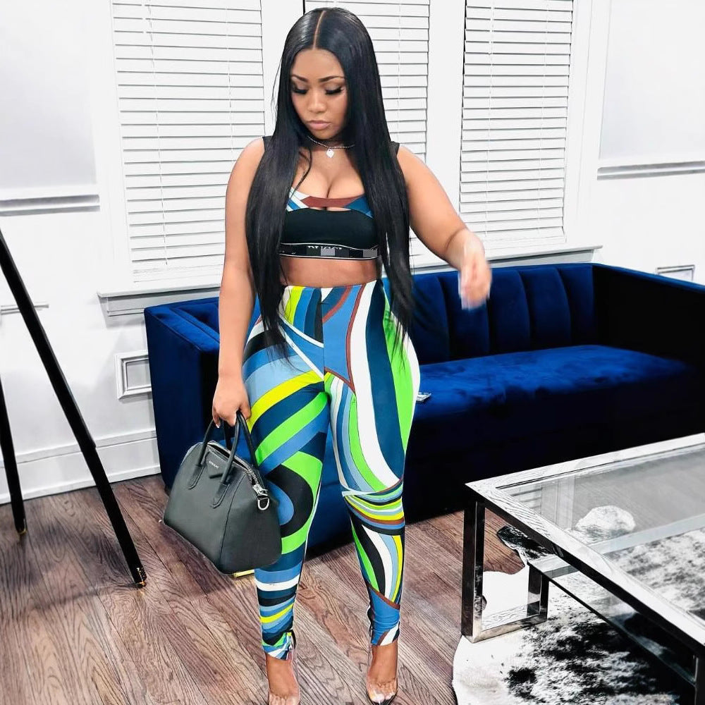 Abstract Print Sleeveless Crop Top Leggings 2 Piece Set