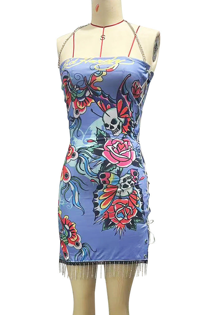 Y2K Vintage Dragon Print Strapless Drawstring Slit Mini Dress