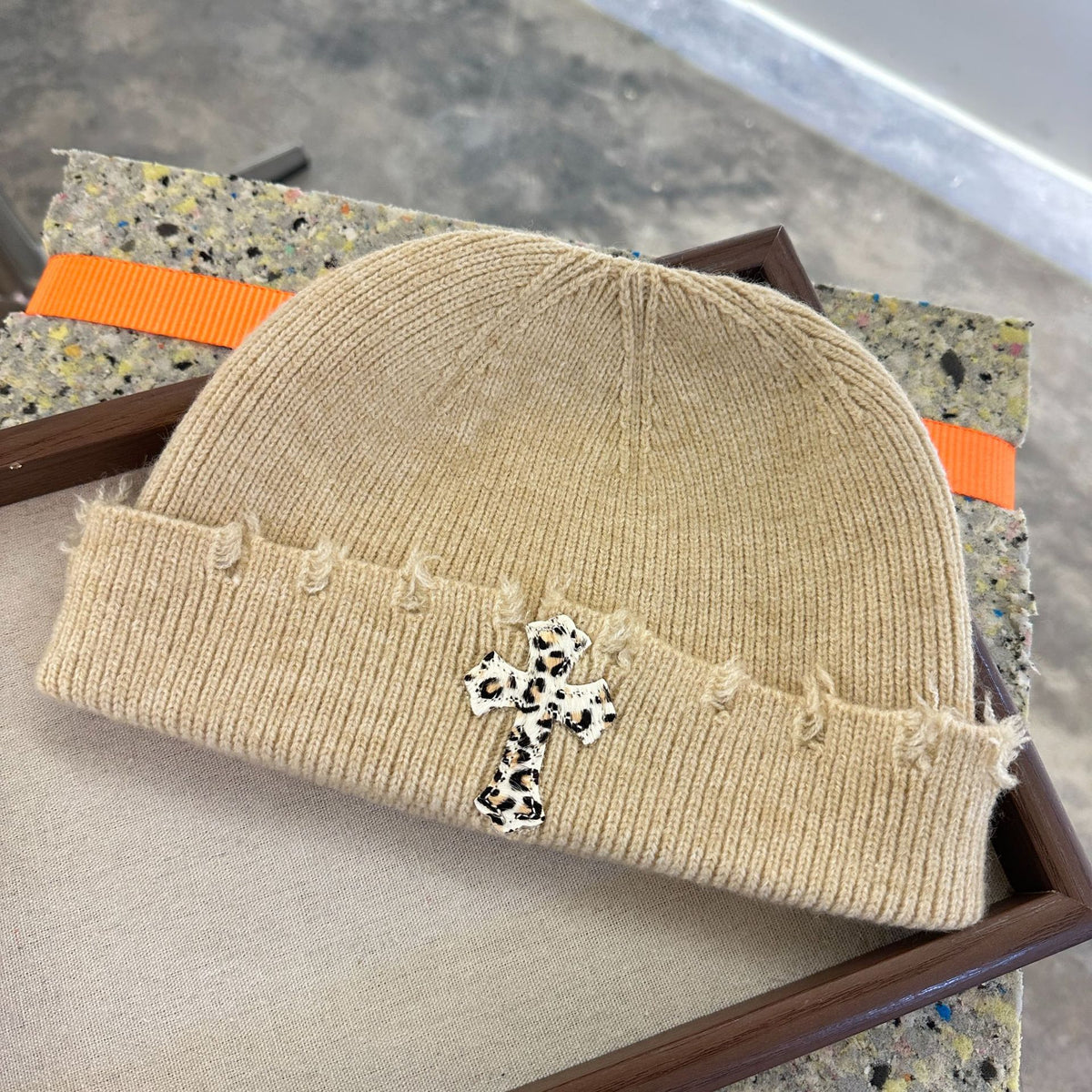 Leopard Cross Distressed Knit Beanie Cuffed Winter Hat Multi‑Style