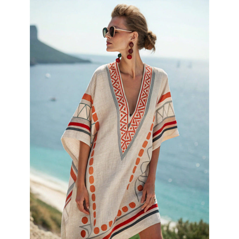 Women Boho Striped V Neck Loose Kaftan Midi Beach Dress