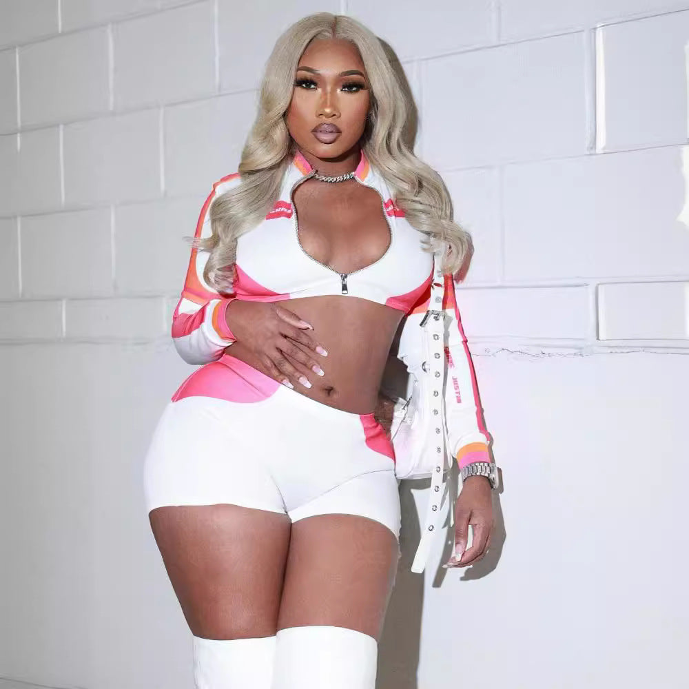 Color Block Letter Print Zip Up Crop Top Shorts 2 Piece Set Women