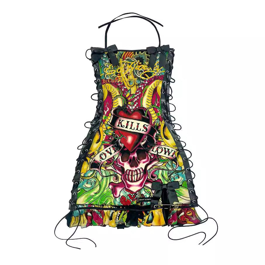 Vintage Skull Print Lace Up Cami Mini Dress Halloween