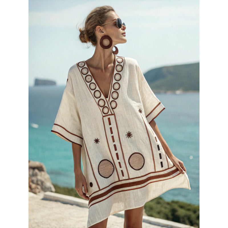 Women Boho Striped V Neck Loose Kaftan Midi Beach Dress